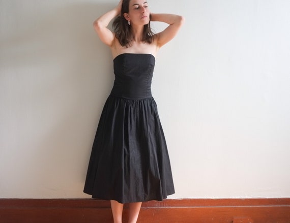 Vintage Black cotton dress / bustier strapless dre