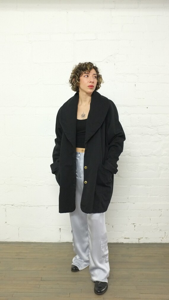 Black Cotton Jacket / Oversized Cocoon Coat / 80s Shawl Collar Cotton Jacket