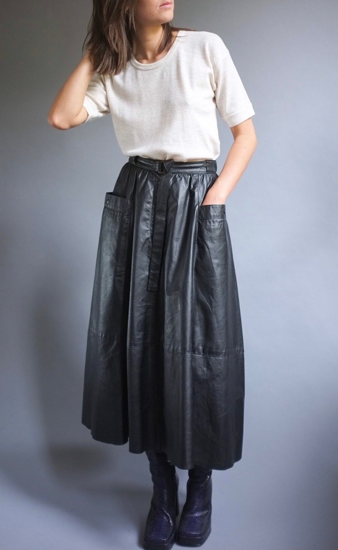 Black vintage full leather skirt 3/4 length leather skirt Etsy
