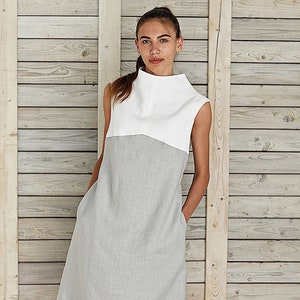 Two colors linen dress /Turtleneck linen dress / Mock neck ribbed linen dress / Ribbed linen dress  / Silver gray/Pure white