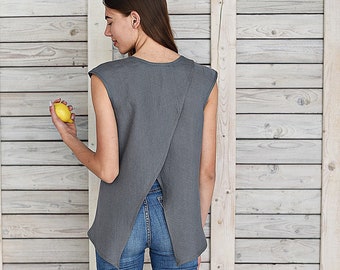 Linen split back blouse / Linen sleeveless tank top / summer blouse / Flax top for woman /Graphite
