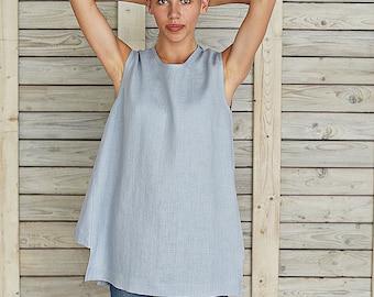 Loose linen top / Linen blouse with gussets / Linen summer blouse / Sleeveless linen shirt / Linen maternity blouse / Ice blue