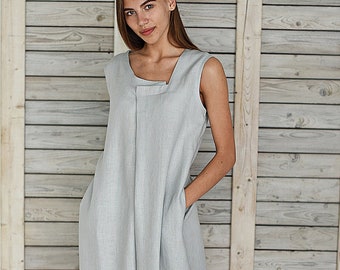 Draped linen dress / Loose fit linen dress / Linen smock sundress / Organic linen dress / Flax dress / Stylish linen dress / Silver gray