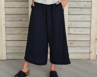 Woman's loose linen pants / Comfortable linen cloth / Handmade linen trousers / Casual flare linen pants /Linen summer pants/Deep night blue