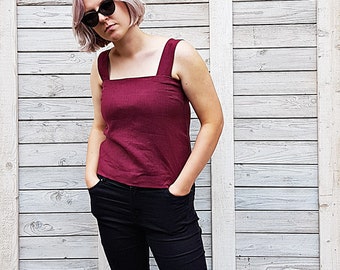 Linen blouse with wide straps / Casual linen top / Sleeveless summer blouse / Flax top for woman / Modern flax cloth / Burgundy