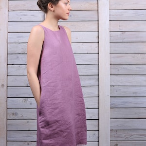 Linen holiday dress / Sleeveless mini dress / day dress with tassels  / loose fit dress / lilac