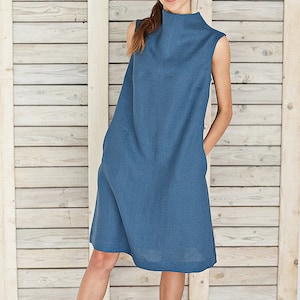 Ribbed turtleneck linen dress / Mock neck ribbed linen dress / High neck linen dress / Stylish sleeveless  summer dress / Steel blue