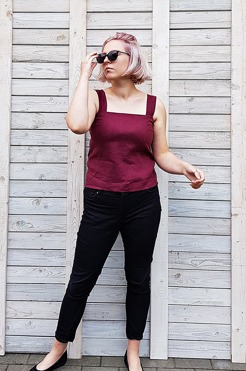 Linen blouse with wide straps / Casual linen top / Sleeveless summer blouse / Flax top for woman / Modern flax cloth / Burgundy image 4