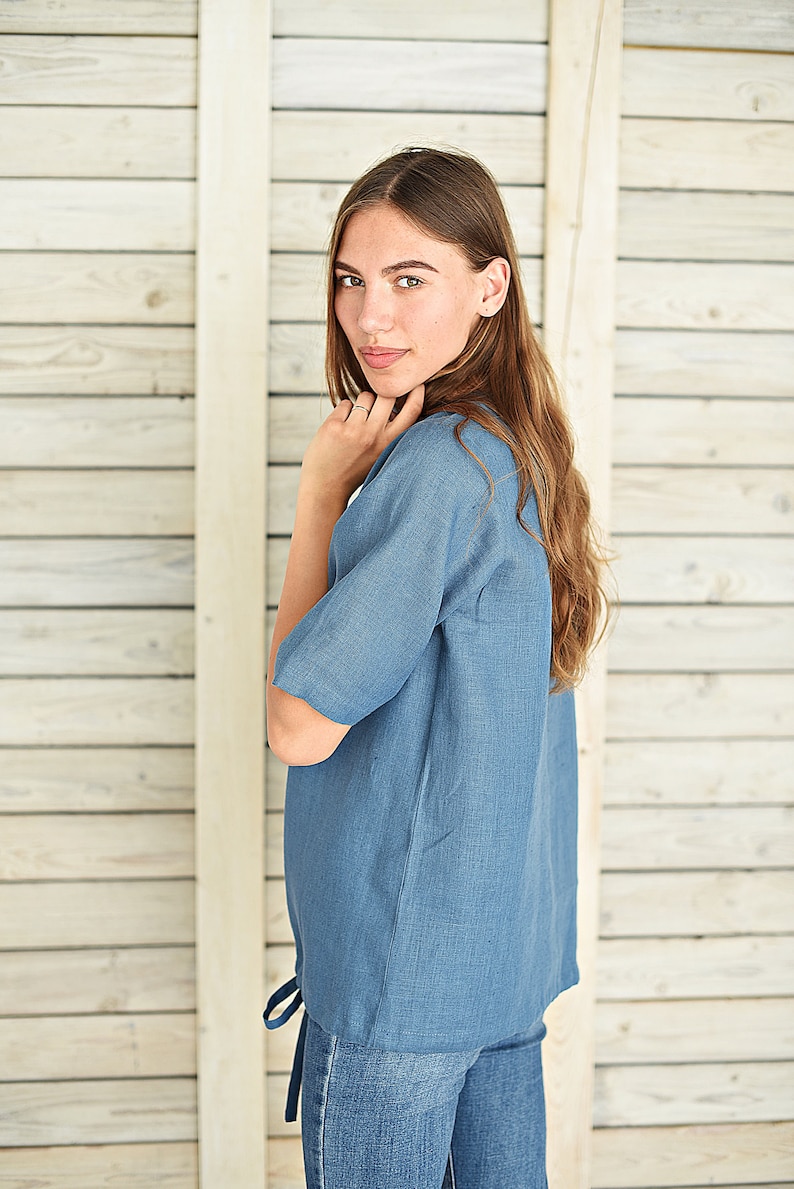 Casual linen top Linen blouse with V neck Linen tank top Linen t shirt Flax top for woman Leisure cloth Steel blue