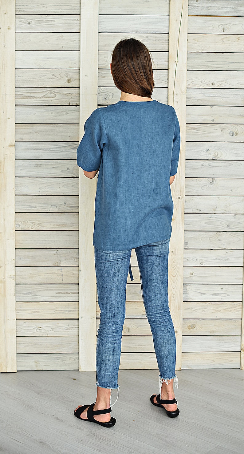 Casual linen top Linen blouse with V neck Linen tank top Linen t shirt Flax top for woman Leisure cloth Steel blue