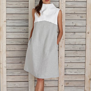 Two Colors Linen Dress /turtleneck Linen Dress / Mock Neck - Etsy