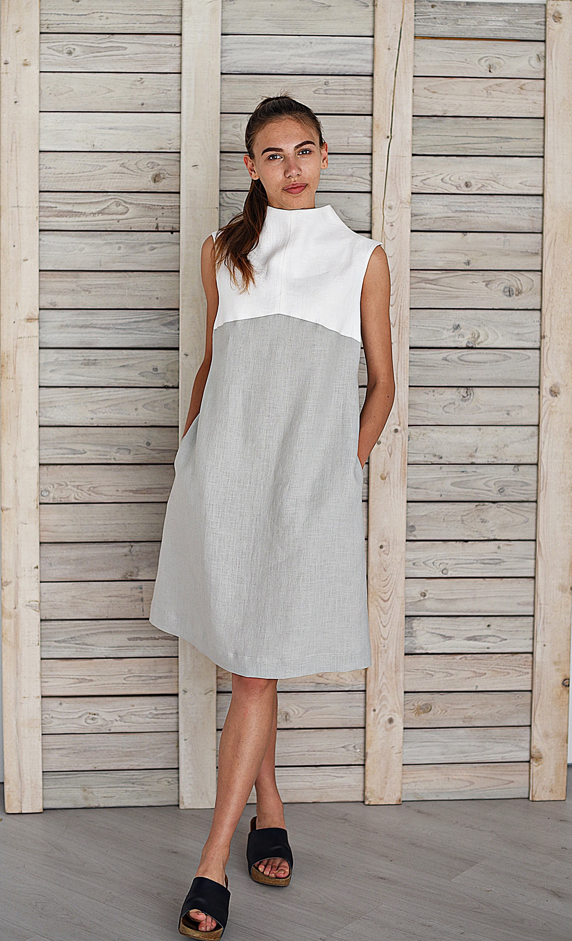 Two Colors Linen Dress /turtleneck Linen Dress / Mock Neck - Etsy