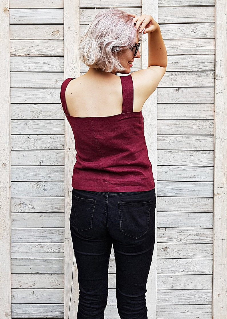 Linen blouse with wide straps / Casual linen top / Sleeveless summer blouse / Flax top for woman / Modern flax cloth / Burgundy image 5