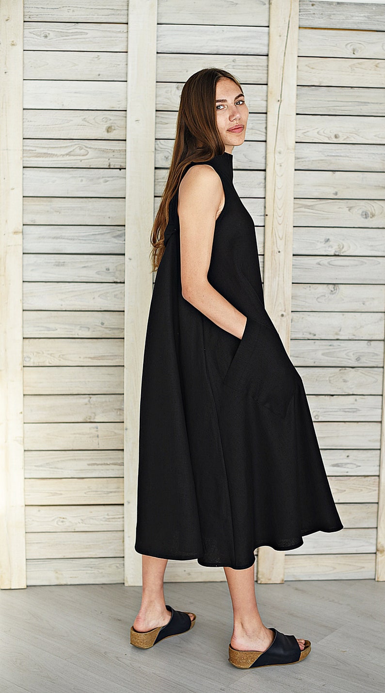 Elegant linen dress / Long linen summer dress / Stylish sleeveless dress / Maternity dress / Linen flare dress / Black image 8