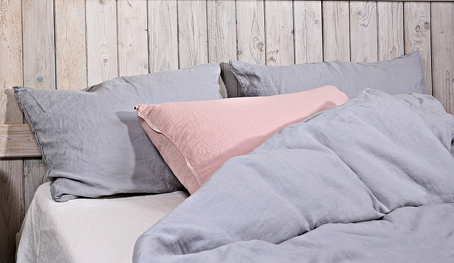 Ensemble de 2 Taies d'oreiller en Lin/Shams Ensemble Sham Gris Clair ou et Rose Poussiéreux