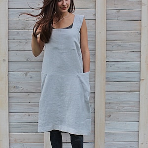 Japanese Apron / Pocket linen apron / Pinafore/ greyish blue