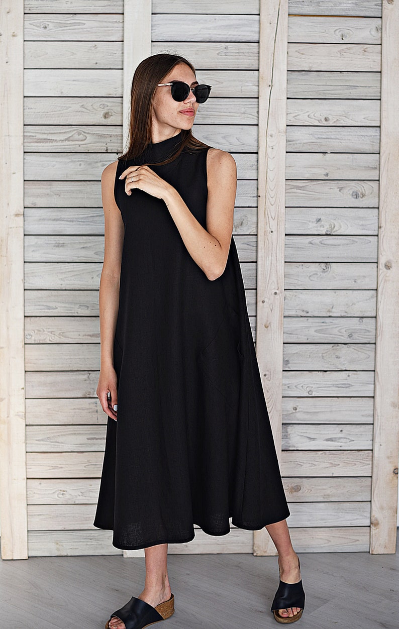 Elegant linen dress / Long linen summer dress / Stylish sleeveless dress / Maternity dress / Linen flare dress / Black image 3