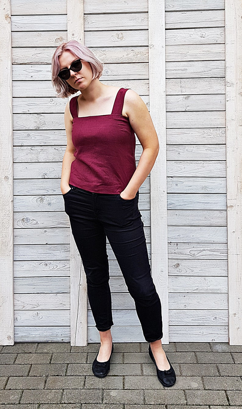 Linen blouse with wide straps / Casual linen top / Sleeveless summer blouse / Flax top for woman / Modern flax cloth / Burgundy image 1