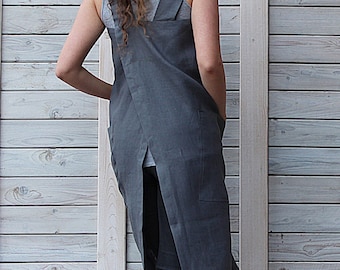 Pocket linen apron / Retro style apron / Pinafore dress / graphite