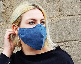 Linen face mask / Organic face mask / Linen face covering / Washable and reusable linen mask / Breathable linen mask / Steel blue