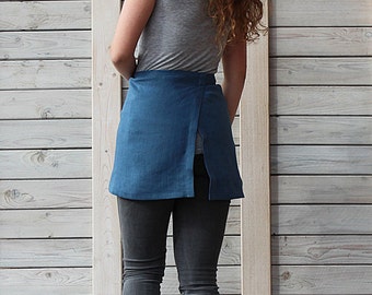 Mini linen apron / Tea linen apron / Waitress apron / steel blue