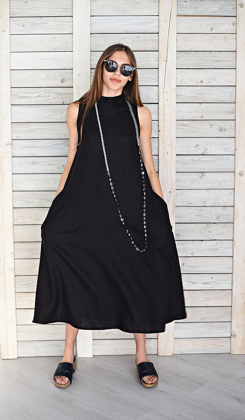 Elegant linen dress / Long linen summer dress / Stylish sleeveless dress / Maternity dress / Linen flare dress / Black image 1