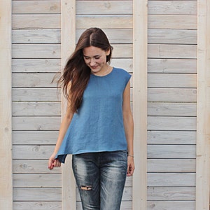 Linen steel blue summer blouse / Flax top for woman / Modern summer flax cloth