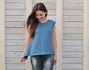 Linen steel blue summer blouse / Flax top for woman / Modern summer flax cloth