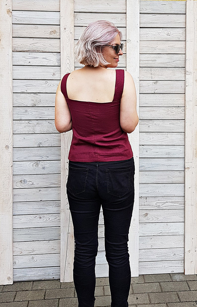 Linen blouse with wide straps / Casual linen top / Sleeveless summer blouse / Flax top for woman / Modern flax cloth / Burgundy image 2