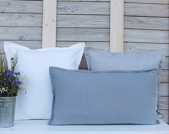 Set of 3 decorative linen pillow covers / Linen pillowcases / cream white/silver gray/greyish blue