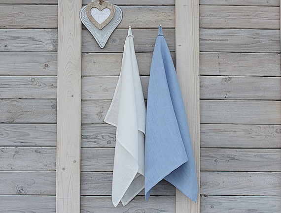 Linen Kitchen Towels Set of 2. Cream White/greyish Blue. Hand 