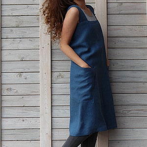 Square cross linen apron / Japanese linen apron / Full linen apron / Steel blue