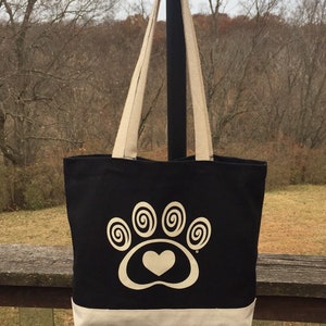 Black Cotton Canvas Tote Bag Heart & Swirl Paw Print Dog Cat Pet Lover Gift Donates to Animal Rescue image 2