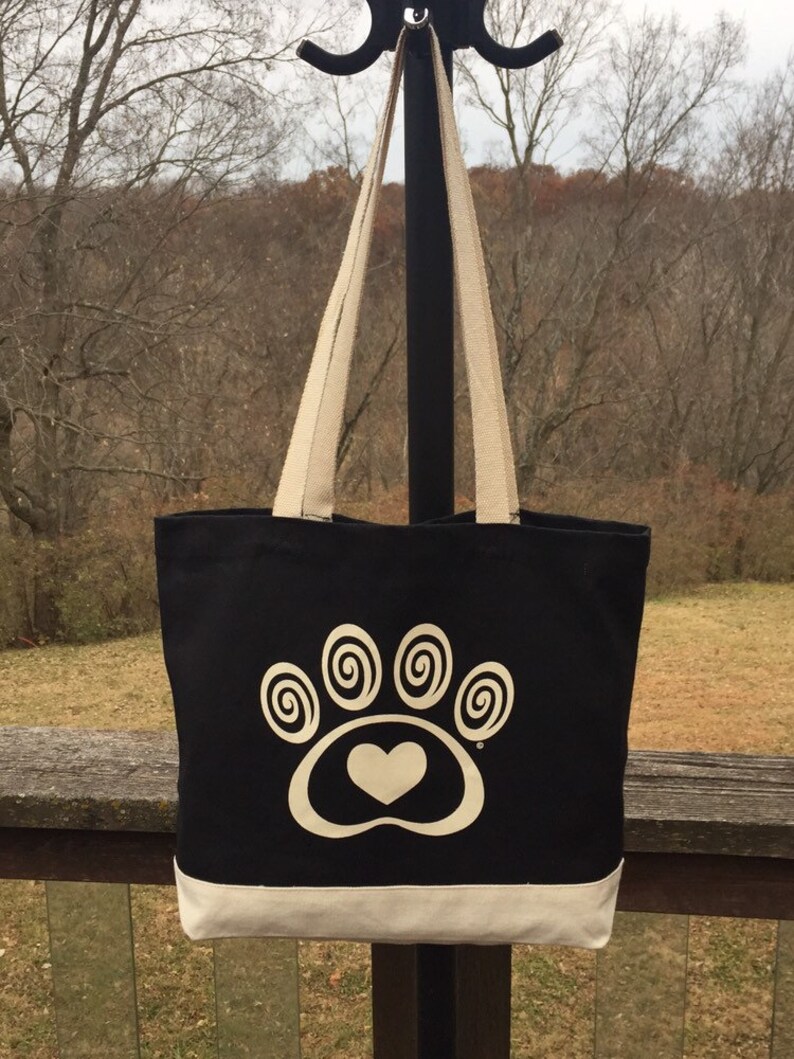Black Cotton Canvas Tote Bag Heart & Swirl Paw Print Dog Cat Pet Lover Gift Donates to Animal Rescue image 2