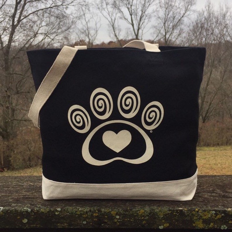 Black Cotton Canvas Tote Bag Heart & Swirl Paw Print Dog Cat Pet Lover Gift Donates to Animal Rescue image 1