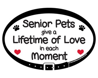 DECAL or MAGNET - Senior Pets Give a Lifetime of Love in each Moment - 4x6 Oval - Cat Dog Lover Gift - Rescue Cat Dog - donates to rescue