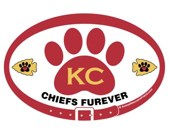 DECAL - KC Chiefs Furever (white) - Kansas City Chiefs - Football - Euro Pet Decal - 4x6 Oval Car Bumper Sticker - Cat Dog Lover Gift