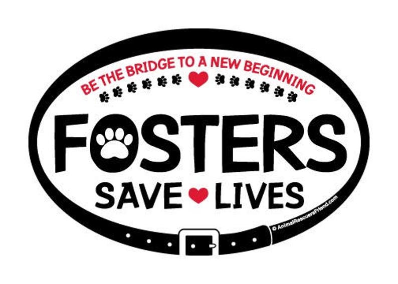 May include: White oval sticker with black border and text that reads "Be the bridge to a new beginning" with paw prints and a red heart. The text "Fosters Save Lives" is in large black letters with a paw print and a red heart. The text "AnimalRescueFriend.com" is in small black letters at the bottom.