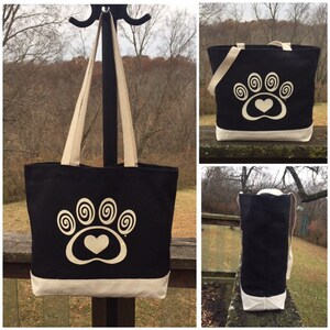 Black Cotton Canvas Tote Bag Heart & Swirl Paw Print Dog Cat Pet Lover Gift Donates to Animal Rescue image 4
