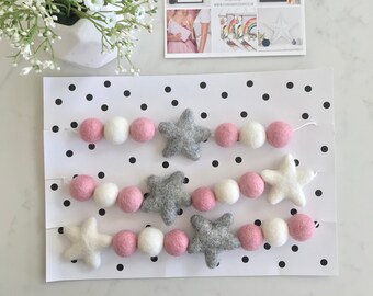 Nursery decor, Felt Ball, pom pom garland,  Star Garland, Nursery decoration, modern nursery, home decor, in Pink, Grey and White,