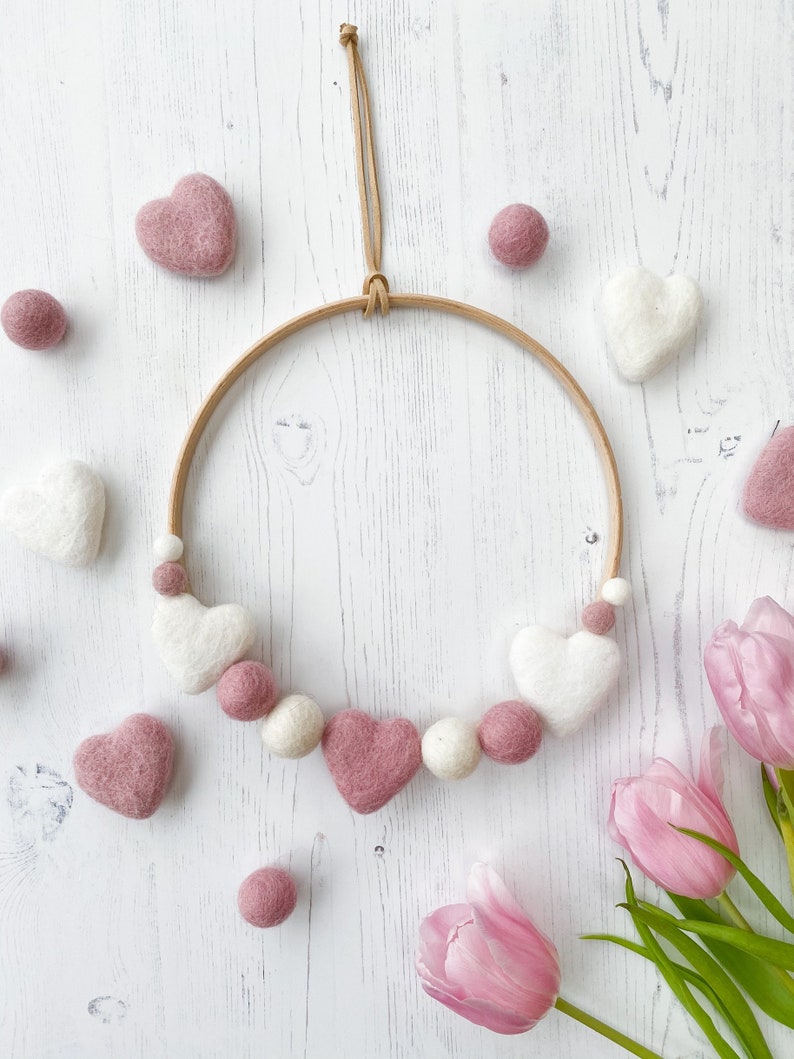 Valentine Heart and ball Hanging Hoop Wreath Decoration From Stone & Co In Pink and White image 1