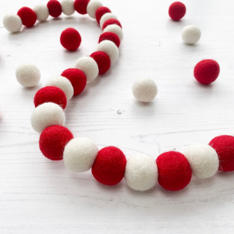 Christmas Felt Ball Pom Pom Garland Red & White by Stone And Etsy