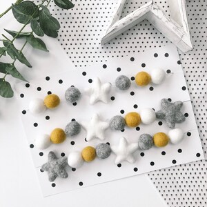 Nursery decor, Felt Ball, pom pom garland, Star Garland, Nursery decoration, modern nursery, home decor, in mustard , Grey and White, image 2