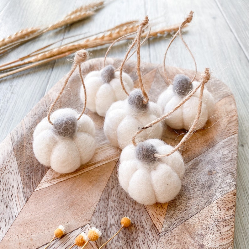 White Wool Pumpkin Hanging Decoration for Fall, Autumn, Halloween image 2
