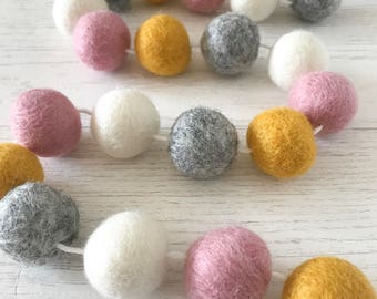 Nursery Decor, Felt Ball Garland, Pom Pom Garland, Baby Shower Gift, Modern Nursery Deco, Wall decor, Pink, Grey, Mustard, Home Decor