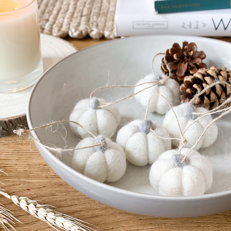 White Wool Pumpkin Hanging Decoration for Fall, Autumn, Halloween image 1
