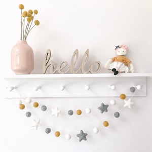 Nursery decor, Felt Ball, pom pom garland, Star Garland, Nursery decoration, modern nursery, home decor, in mustard , Grey and White, image 1