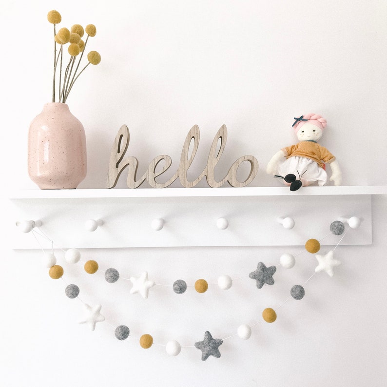 Nursery decor, Felt Ball, pom pom garland, Star Garland, Nursery decoration, modern nursery, home decor, in mustard , Grey and White, image 1