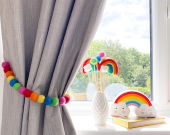 Curtain Tie Backs, Felt Ball Curtain Ties Backs In Rainbow, for Bedrooms and Living Rooms