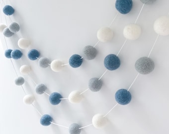 Pom Pom Garland - Felt Ball Garland -  Nursery Decor - Blue and White.